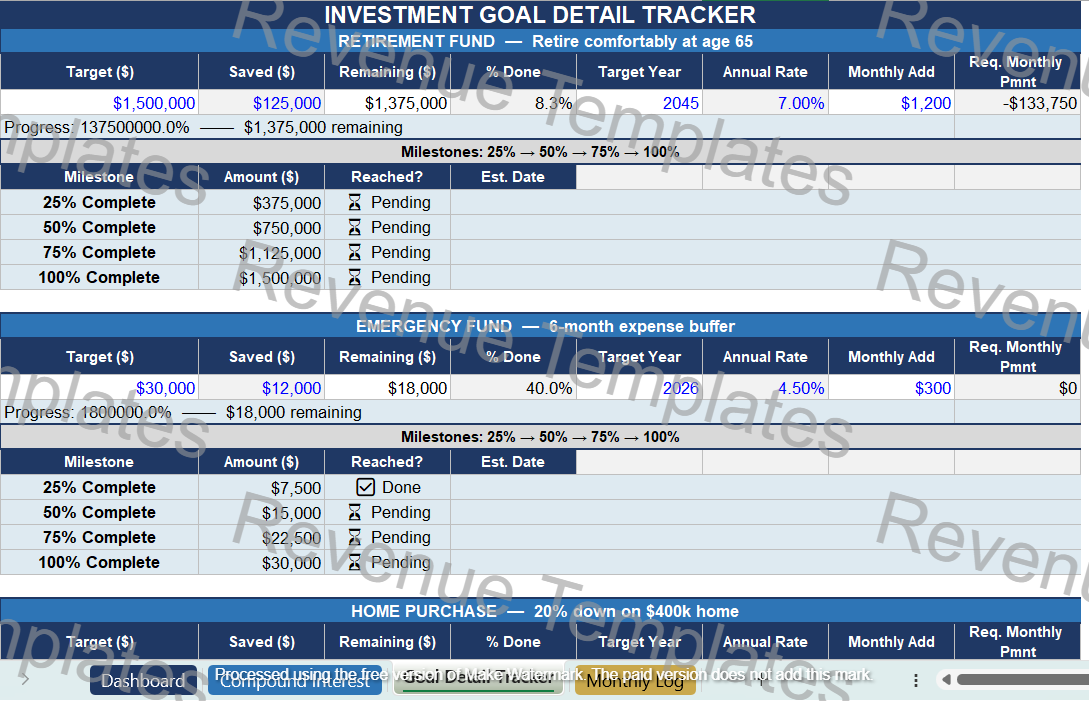 Investment Goals Excel Template