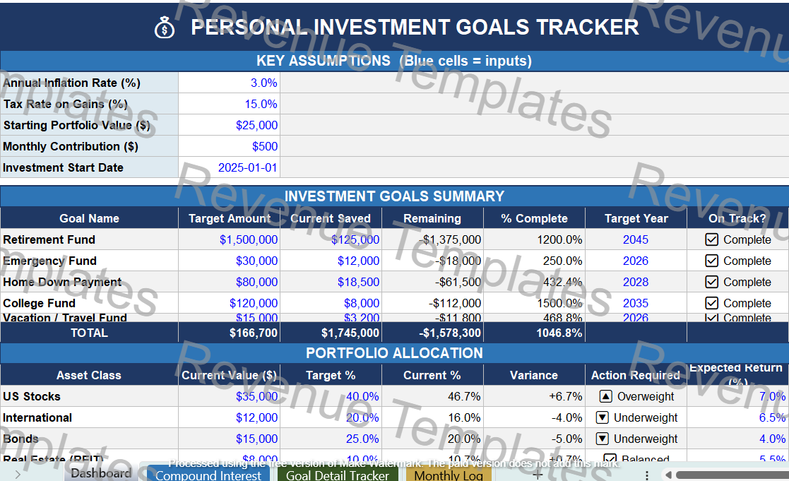 Investment Goals Excel Template